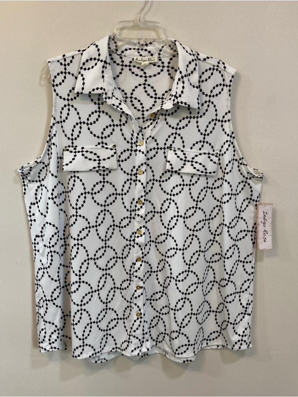 Indigo Rose Sleeveless Button Down Top Womens Sz 3X Black White NEW